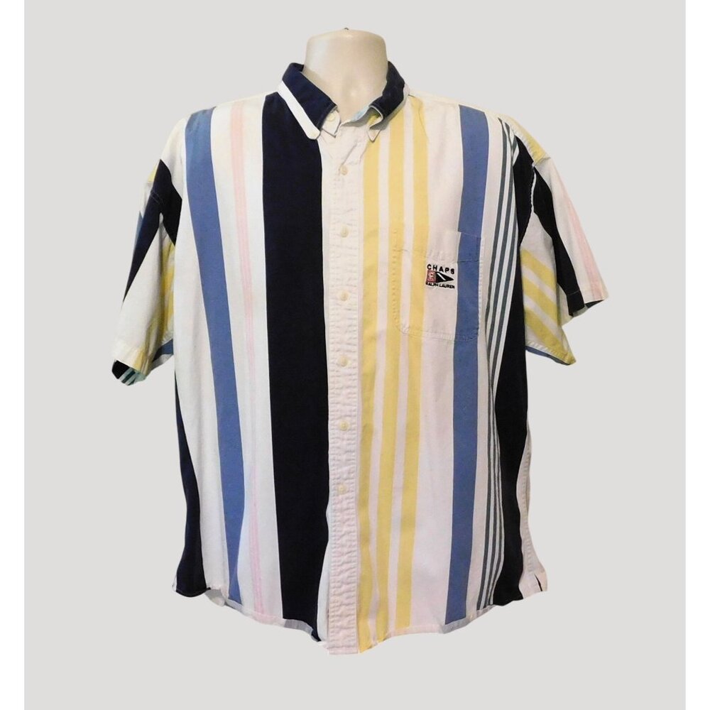 Chaps Ralph Lauren Shirt XL Multicolor Stripe Short Sleeve Button-Up 100% Cotton